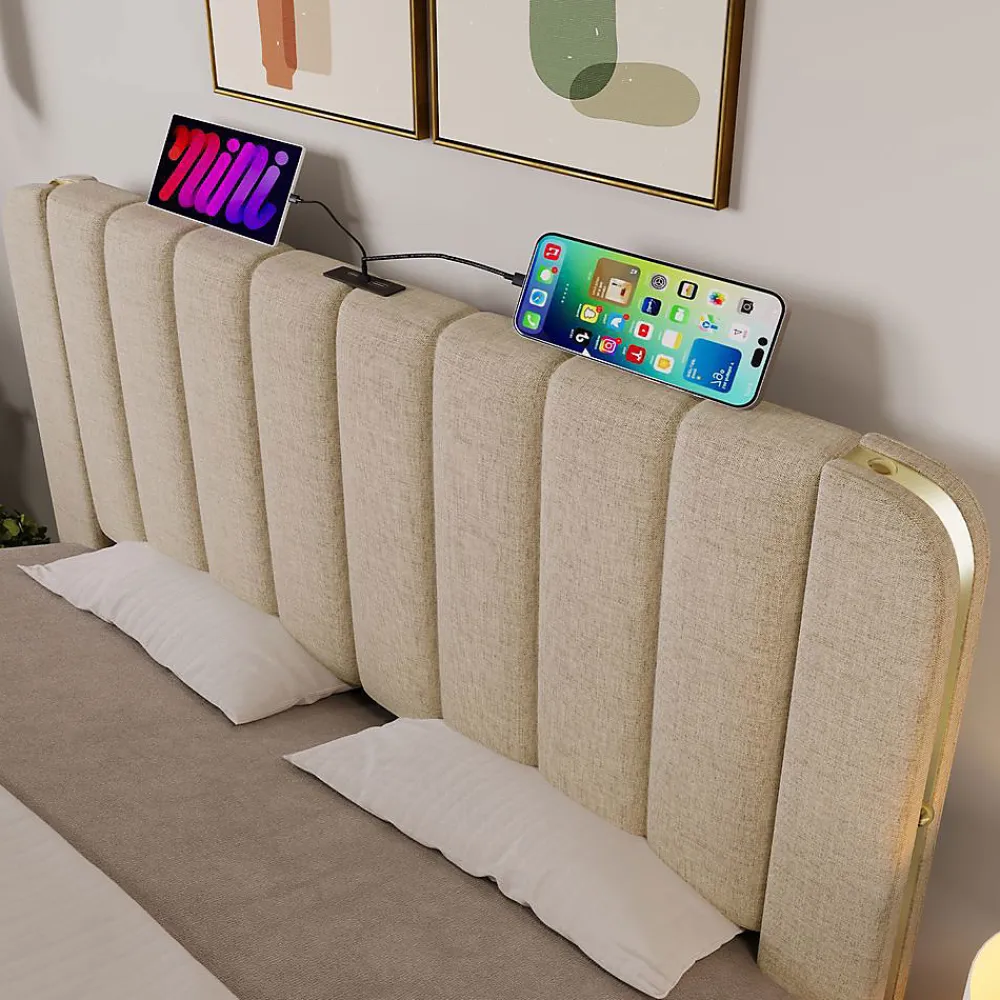 Lit Coffre Double 140x200cm Rembourré Usb-C Lin Beige>Blackcolors Outlet