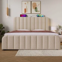 Lit Coffre Double 140x200cm Rembourré Usb-C Lin Beige><noscript><img width=