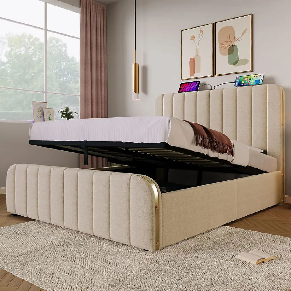 Lit Coffre Double 140x200cm Rembourré Usb-C Lin Beige>Blackcolors Outlet