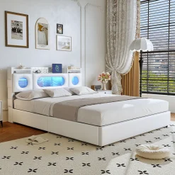 ProximaX Lit coffre en cuir PU 140x200 cm blanc avec tête de lit lumineuse, rangement à vérins, ports USB et USB-C, design moderne* Lit Coffre