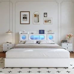 ProximaX Lit coffre en cuir PU 140x200 cm blanc avec tête de lit lumineuse, rangement à vérins, ports USB et USB-C, design moderne* Lit Coffre