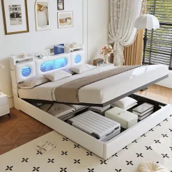 ProximaX Lit coffre en cuir PU 140x200 cm blanc avec tête de lit lumineuse, rangement à vérins, ports USB et USB-C, design moderne* Lit Coffre