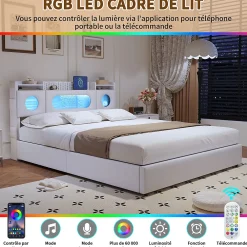ProximaX Lit coffre en cuir PU 140x200 cm blanc avec tête de lit lumineuse, rangement à vérins, ports USB et USB-C, design moderne* Lit Coffre