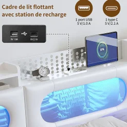 ProximaX Lit coffre en cuir PU 140x200 cm blanc avec tête de lit lumineuse, rangement à vérins, ports USB et USB-C, design moderne* Lit Coffre