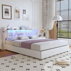 ProximaX Lit coffre en cuir PU 140x200 cm blanc avec tête de lit lumineuse, rangement à vérins, ports USB et USB-C, design moderne* Lit Coffre