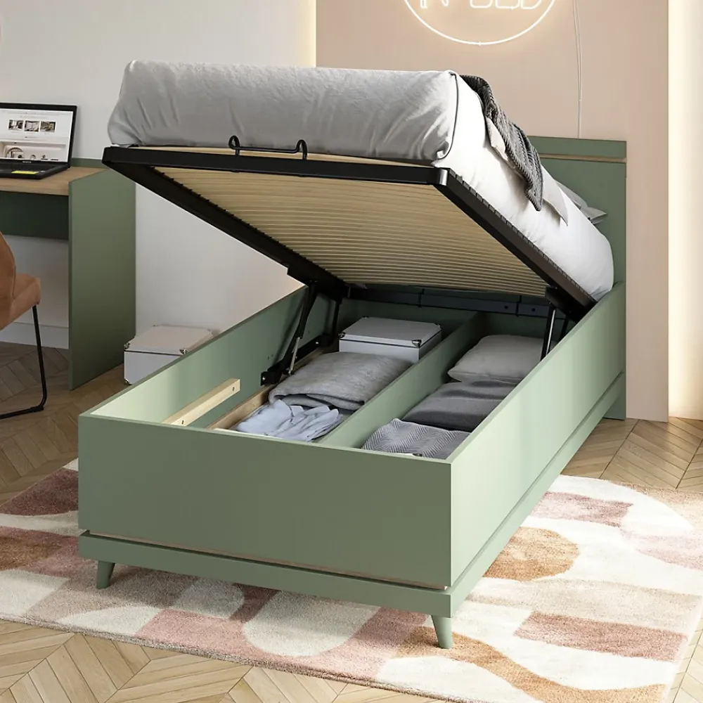 Meublorama Lit coffre enfant NOKI 100x200 cm vert et bois Style scandinave*Enfant Lit Enfant