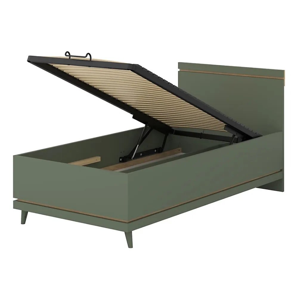 Meublorama Lit coffre enfant NOKI 100x200 cm vert et bois Style scandinave*Enfant Lit Enfant