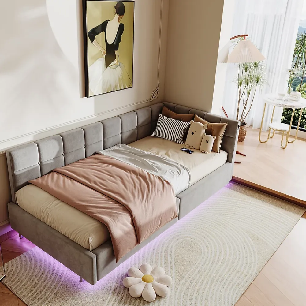 Fortuna lai Lit Coffre Enfant 90x200cm Avec Coffre Hydraulique,éclairage LED Et USB,avec Sommier à Lattes,gris* Sommier