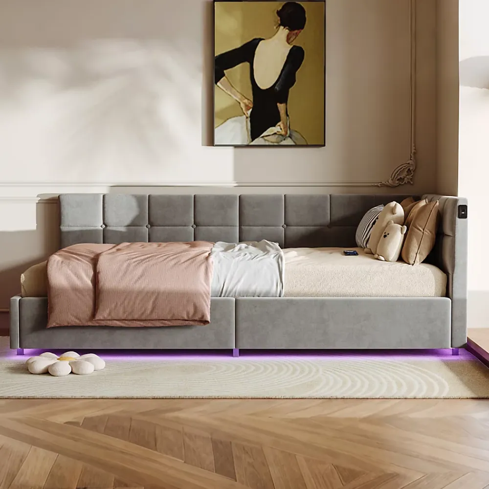 Fortuna lai Lit Coffre Enfant 90x200cm Avec Coffre Hydraulique,éclairage LED Et USB,avec Sommier à Lattes,gris* Sommier