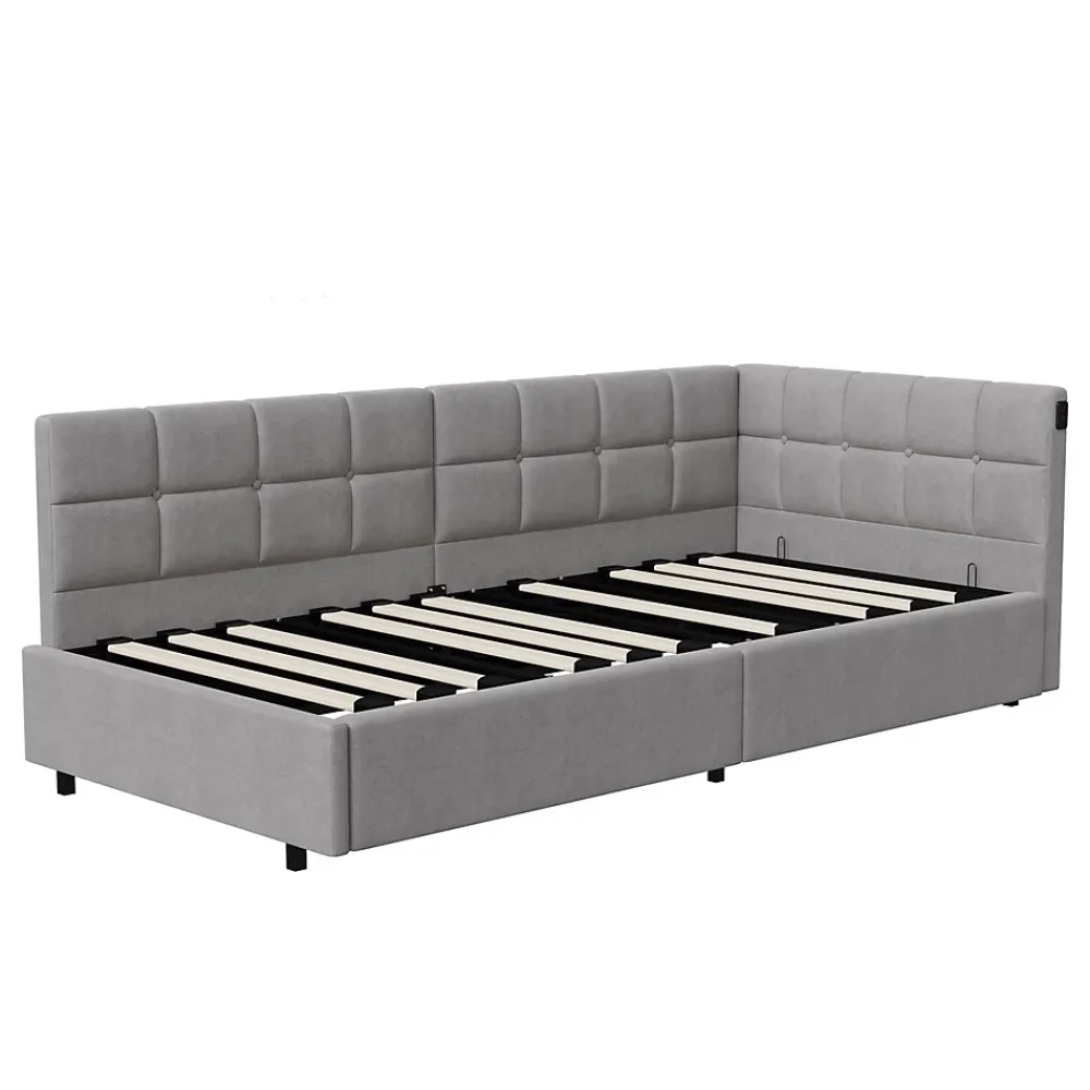 Fortuna lai Lit Coffre Enfant 90x200cm Avec Coffre Hydraulique,éclairage LED Et USB,avec Sommier à Lattes,gris* Sommier
