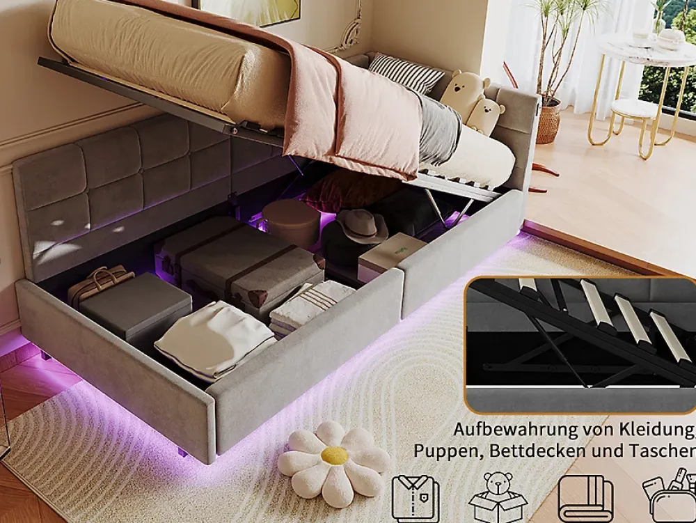 Fortuna lai Lit Coffre Enfant 90x200cm Avec Coffre Hydraulique,éclairage LED Et USB,avec Sommier à Lattes,gris* Sommier