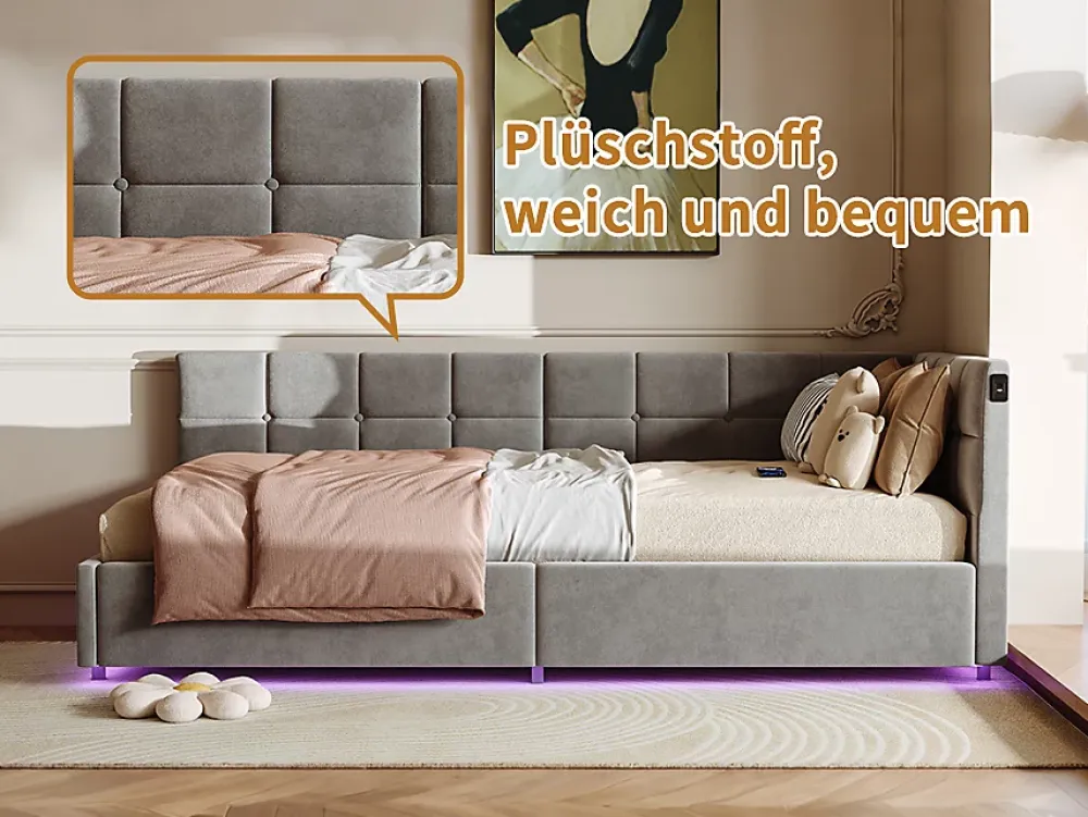 Fortuna lai Lit Coffre Enfant 90x200cm Avec Coffre Hydraulique,éclairage LED Et USB,avec Sommier à Lattes,gris* Sommier