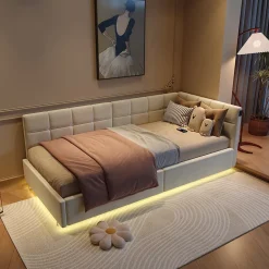 Fortuna lai Lit Coffre Enfant 90x200cm Avec Coffre Hydraulique,éclairage LED Et USB,avec Sommier à Lattes,beige*Enfant Lit Enfant