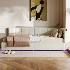 Fortuna lai Lit Coffre Enfant 90x200cm Avec Coffre Hydraulique,éclairage LED Et USB,avec Sommier à Lattes,beige*Enfant Lit Enfant