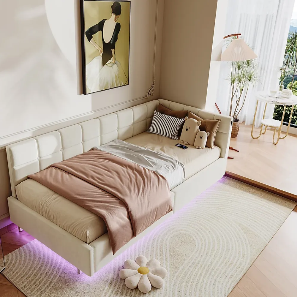 Fortuna lai Lit Coffre Enfant 90x200cm Avec Coffre Hydraulique,éclairage LED Et USB,avec Sommier à Lattes,beige*Enfant Lit Enfant