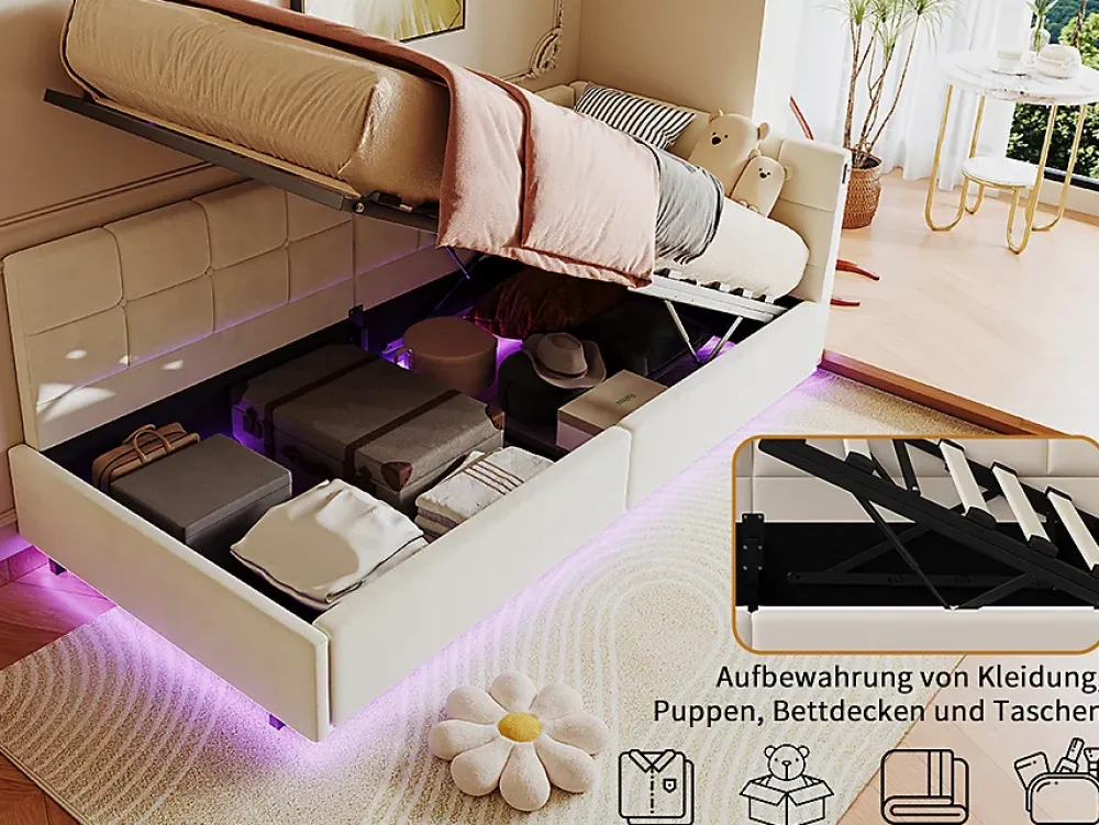 Fortuna lai Lit Coffre Enfant 90x200cm Avec Coffre Hydraulique,éclairage LED Et USB,avec Sommier à Lattes,beige*Enfant Lit Enfant
