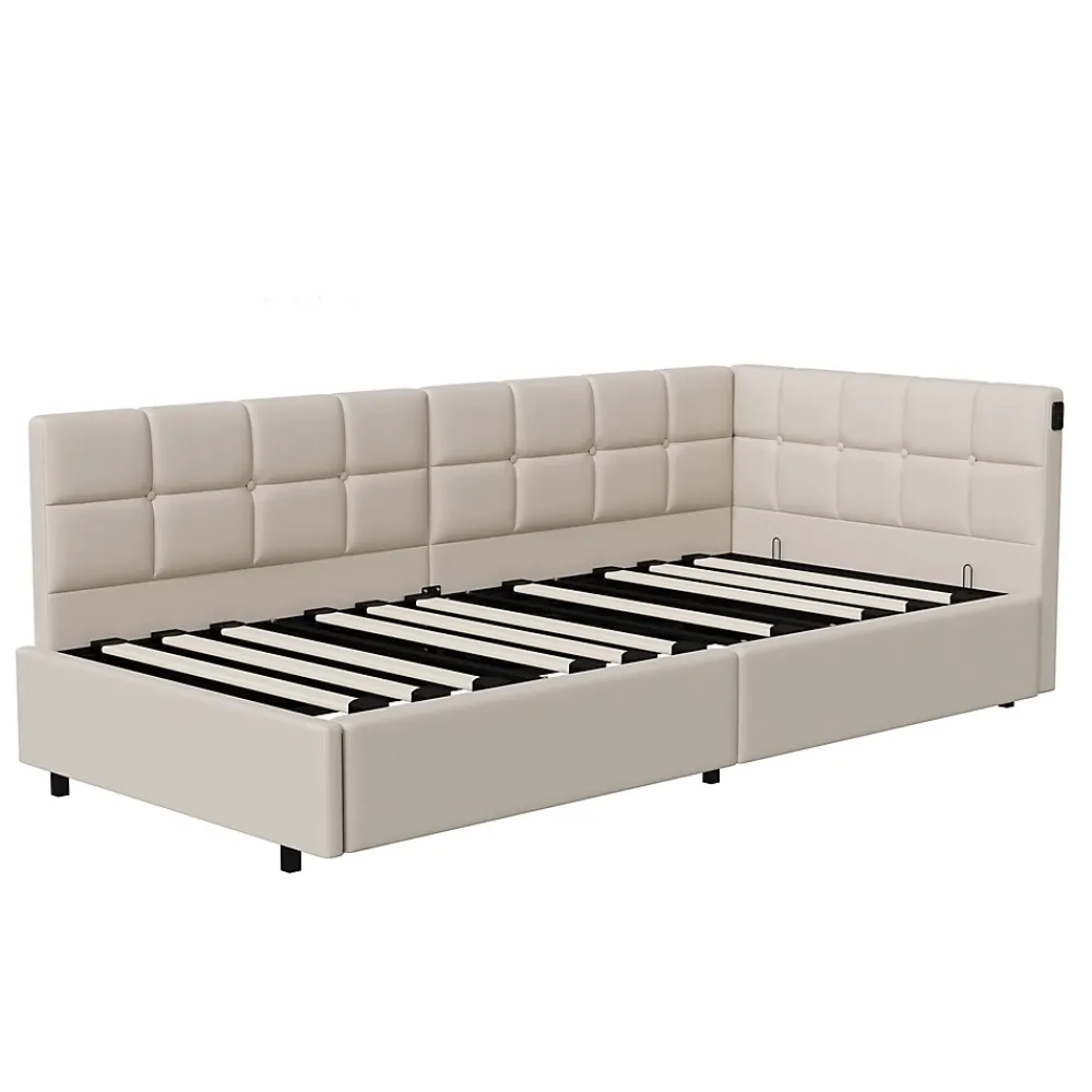 Fortuna lai Lit Coffre Enfant 90x200cm Avec Coffre Hydraulique,éclairage LED Et USB,avec Sommier à Lattes,beige*Enfant Lit Enfant