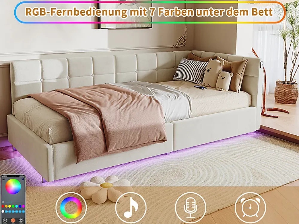 Fortuna lai Lit Coffre Enfant 90x200cm Avec Coffre Hydraulique,éclairage LED Et USB,avec Sommier à Lattes,beige*Enfant Lit Enfant
