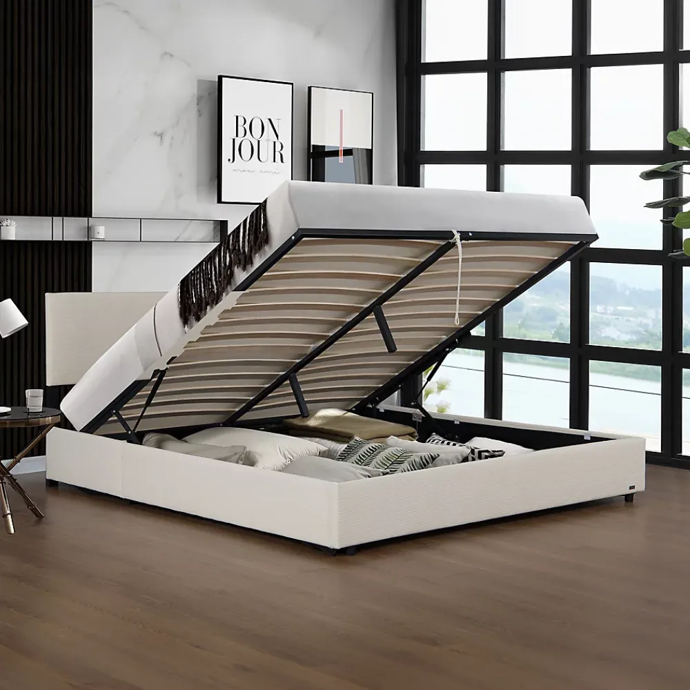 Corium Lit coffre Juva rembourré avec velours côtelé 160 x 200 cm beige* Lit Coffre
