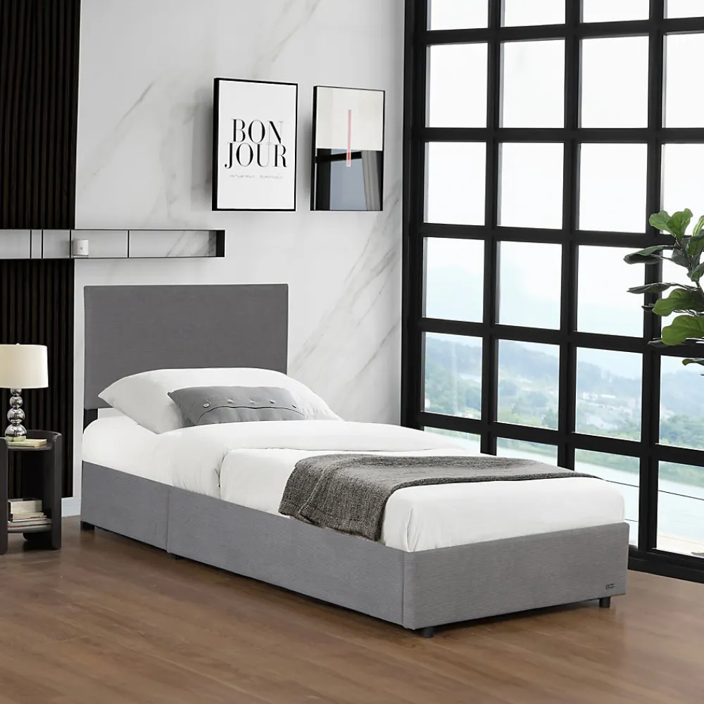 Lit coffre Juva rembourré avec velours côtelé 90 x 200 cm gris>Corium Online