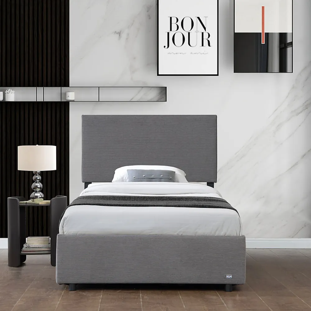 Lit coffre Juva rembourré avec velours côtelé 90 x 200 cm gris>Corium Online