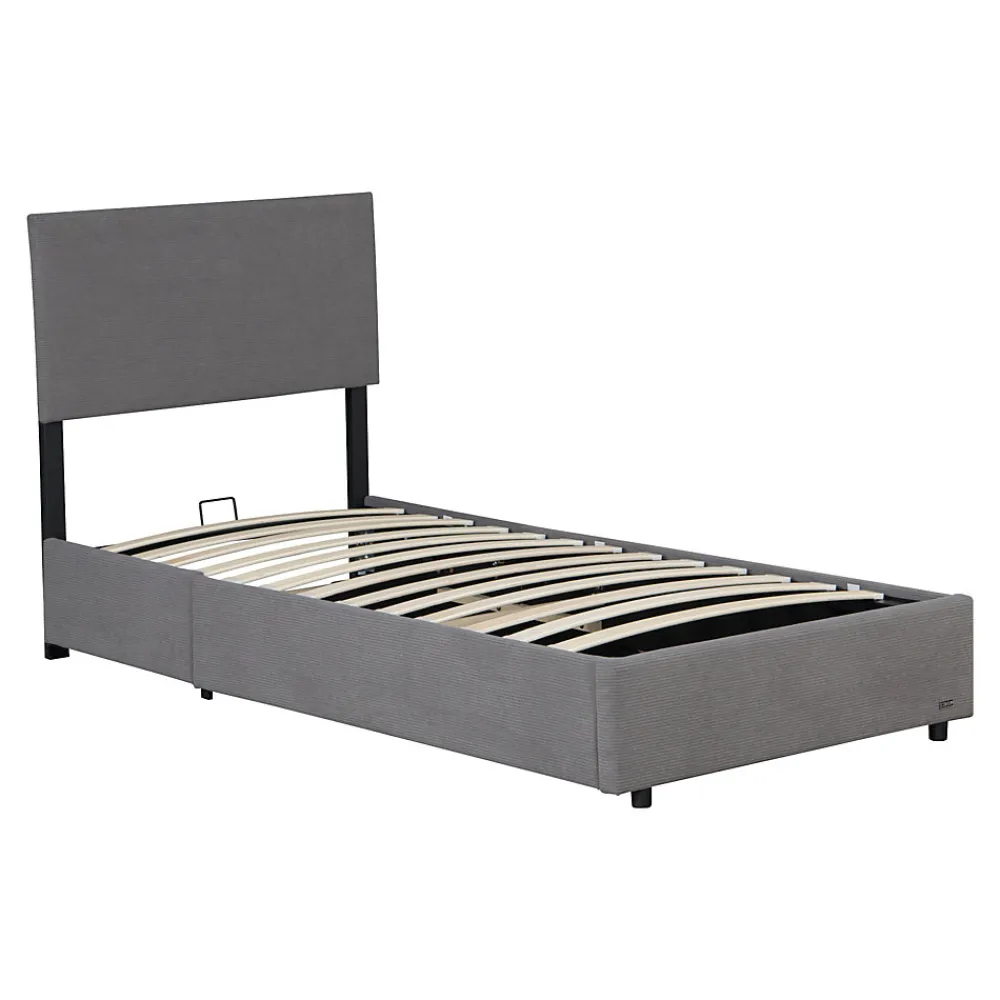 Lit coffre Juva rembourré avec velours côtelé 90 x 200 cm gris>Corium Online