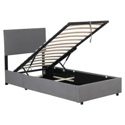 Lit coffre Juva rembourré avec velours côtelé 90 x 200 cm gris><noscript><img width=