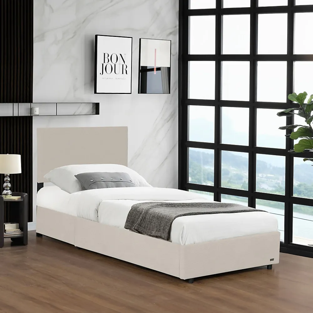 Lit coffre Juva rembourré avec velours côtelé 90 x 200 cm beige>Corium Outlet