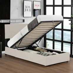 Lit coffre Juva rembourré avec velours côtelé 90 x 200 cm beige>Corium Outlet