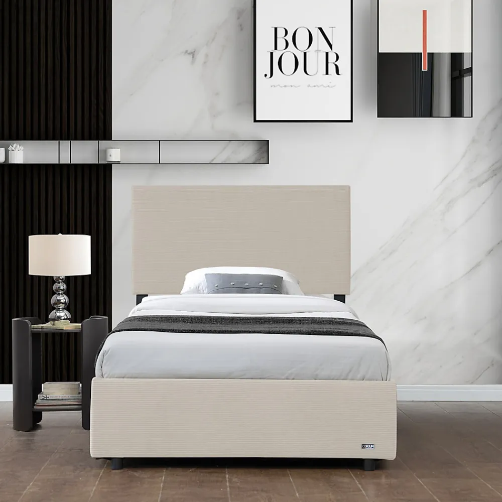 Lit coffre Juva rembourré avec velours côtelé 90 x 200 cm beige>Corium Outlet