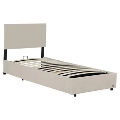 Lit coffre Juva rembourré avec velours côtelé 90 x 200 cm beige><noscript><img width=