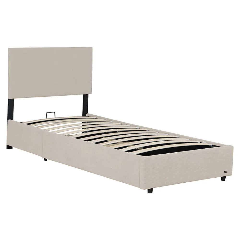 Lit coffre Juva rembourré avec velours côtelé 90 x 200 cm beige>Corium Outlet
