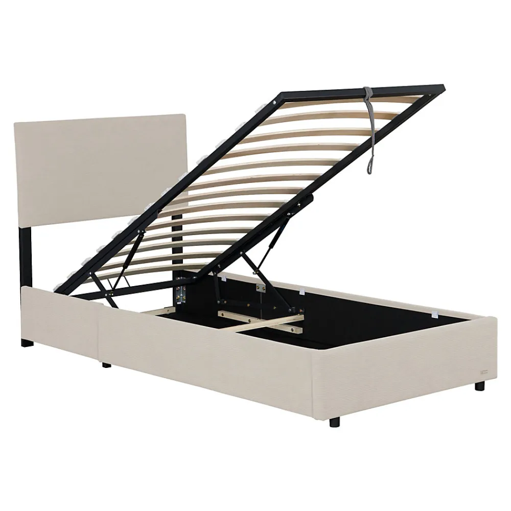Lit coffre Juva rembourré avec velours côtelé 90 x 200 cm beige>Corium Outlet