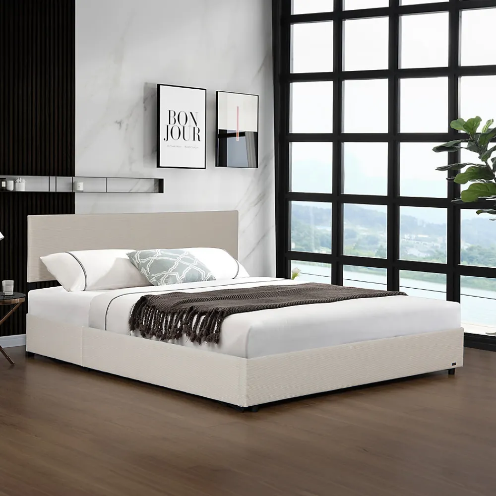 Lit coffre Juva rembourré avec velours côtelé 140 x 200 cm beige>Corium