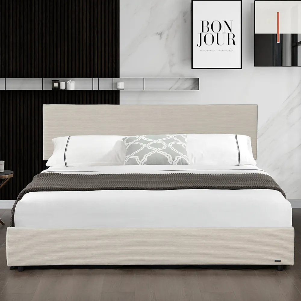 Lit coffre Juva rembourré avec velours côtelé 140 x 200 cm beige>Corium