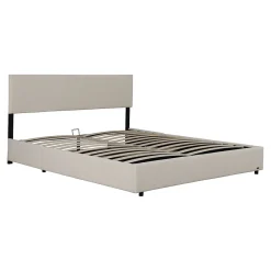 Lit coffre Juva rembourré avec velours côtelé 140 x 200 cm beige><noscript><img width=