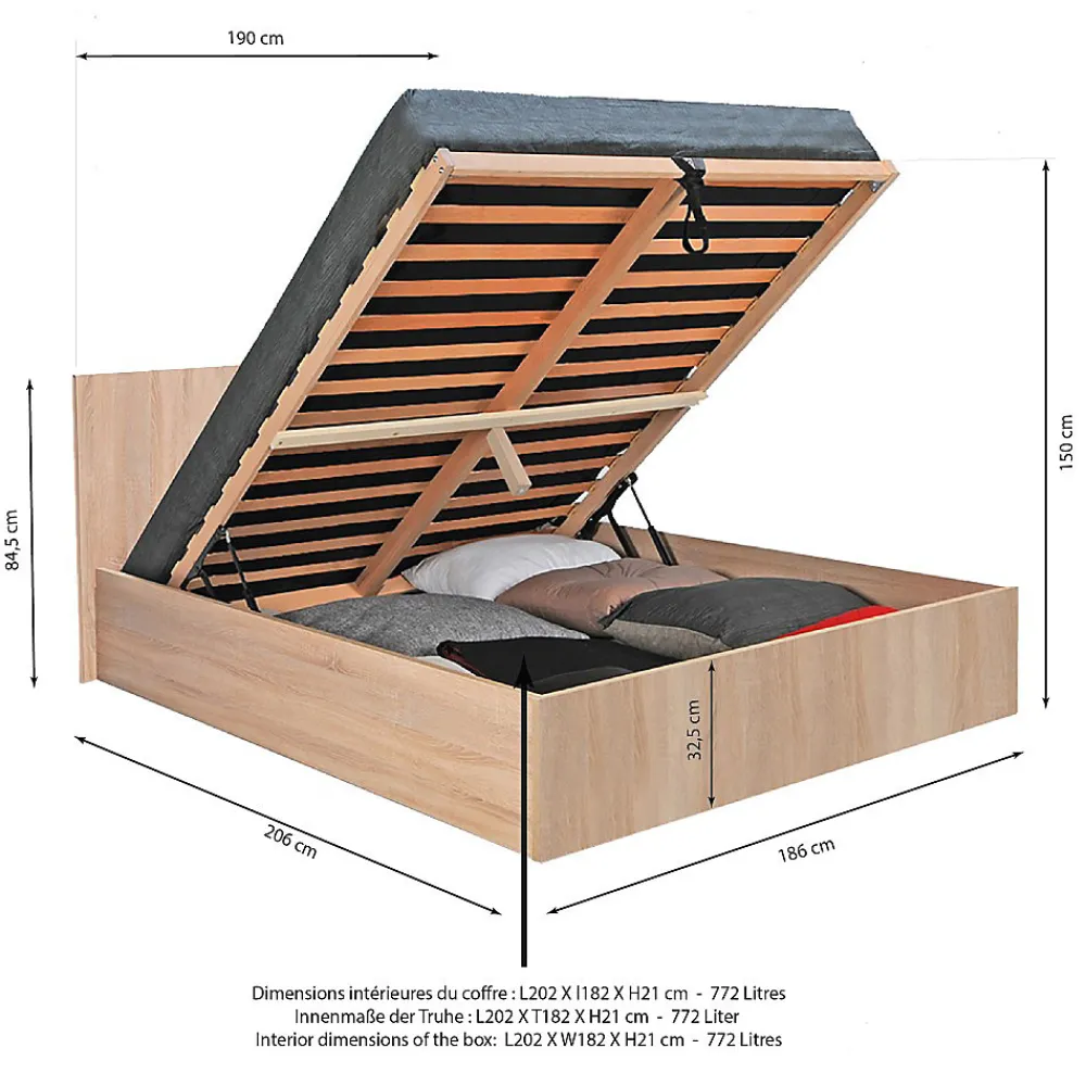 Weber Industries Lit coffre MADRID 180x200 + 1 sommier / Décor Chêne Blanchi* Lit Coffre