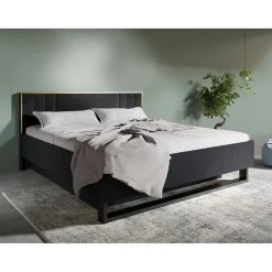Meublorama Lit coffre MONDO 160x200 cm Noir structuré et doré Pieds métal Sommier inclus* Lit Double