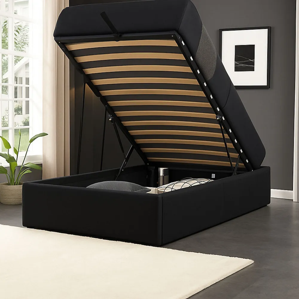 Lit coffre noir 90x190 cm - montage rapide - 12 lattes - design moderne - espace de rangement - tendance>King Of Dreams Clearance
