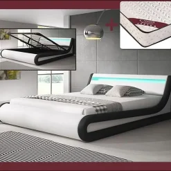 Design Ameublement Lit coffre PARISINA 180x200 cm blanc et noir simili cuir LED* Ensemble Sommier Et Matelas