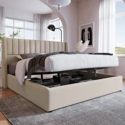 Lit Coffre Rangement Rembourré Hydraulique Sommier Métal 160x200 Lin Beige><noscript><img width=
