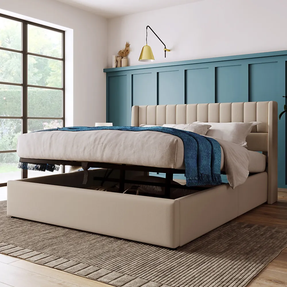 Lit Coffre Rangement Rembourré Hydraulique Sommier Métal 160x200 Lin Beige>Blackcolors Sale