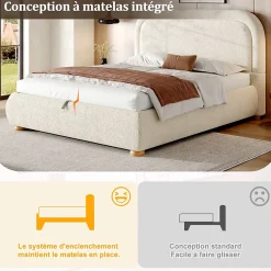ModernLuxe Lit coffre rembourré 140x190 cm avec rangement - Tête de lit rembourrée - Sommier à lattes - Tissu bouclé - Beige(sans matelas)* Lit Coffre