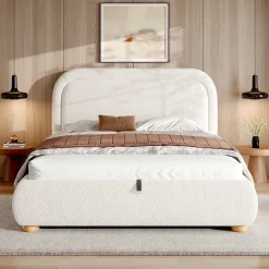 Lit coffre rembourré 140x190 cm avec rangement - Tête de lit rembourrée - Sommier à lattes - Tissu bouclé - Blanc(sans matelas)><noscript><img width=