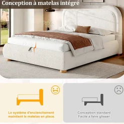 Lit coffre rembourré 140x190 cm avec rangement - Tête de lit rembourrée - Sommier à lattes - Tissu bouclé - Blanc(sans matelas)><noscript><img width=