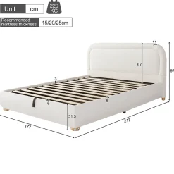 Lit coffre rembourré 140x190 cm avec rangement - Tête de lit rembourrée - Sommier à lattes - Tissu bouclé - Blanc(sans matelas)><noscript><img width=