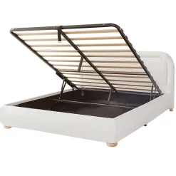 Lit coffre rembourré 140x190 cm avec rangement - Tête de lit rembourrée - Sommier à lattes - Tissu bouclé - Blanc(sans matelas)><noscript><img width=