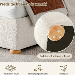 Lit coffre rembourré 140x190 cm avec rangement - Tête de lit rembourrée - Sommier à lattes - Tissu bouclé - Blanc(sans matelas)><noscript><img width=