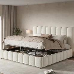 Lit coffre rembourré 180x200cm - Tête de lit rembourrée - Rangement sous le lit - Sommier à lattes - Bouclé - Blanc(sans matelas)>ModernLuxe