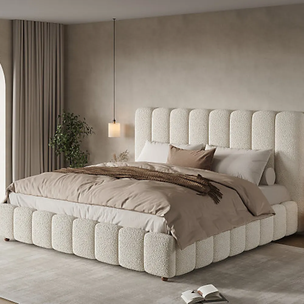 Lit coffre rembourré 180x200cm - Tête de lit rembourrée - Rangement sous le lit - Sommier à lattes - Bouclé - Blanc(sans matelas)>ModernLuxe